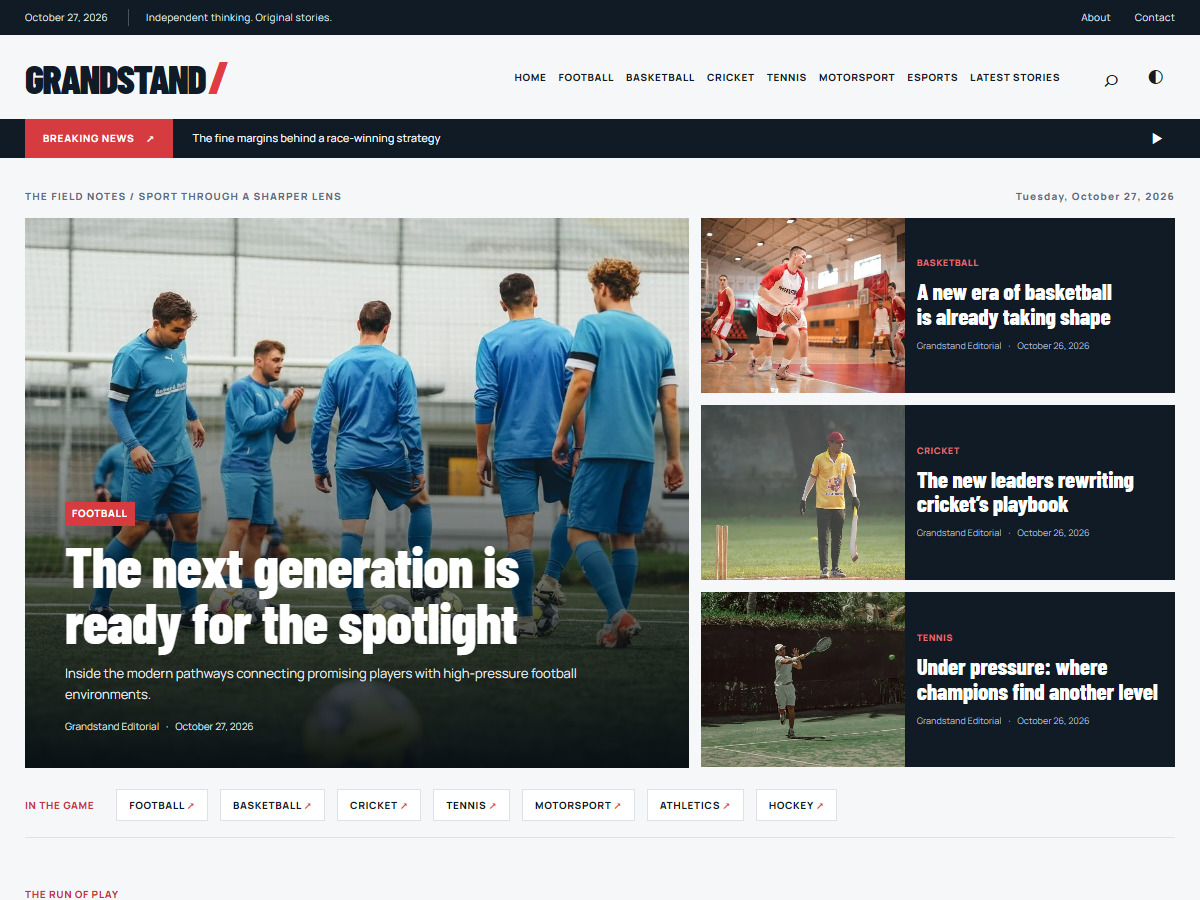 Grandstand sports publication homepage with a lead story, supporting coverage and sport navigation; supplied theme screenshot.