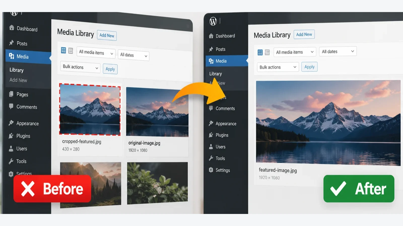 WordPress image crop comparison showing a cropped preview and the full corrected image