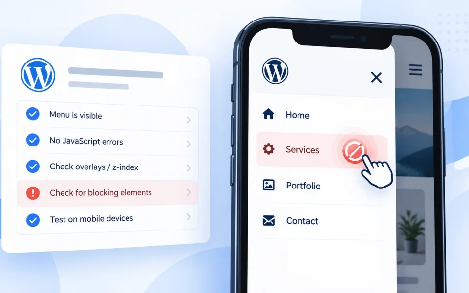 WordPress mobile menu troubleshooting illustration with an open smartphone navigation menu and an unresponsive Services link